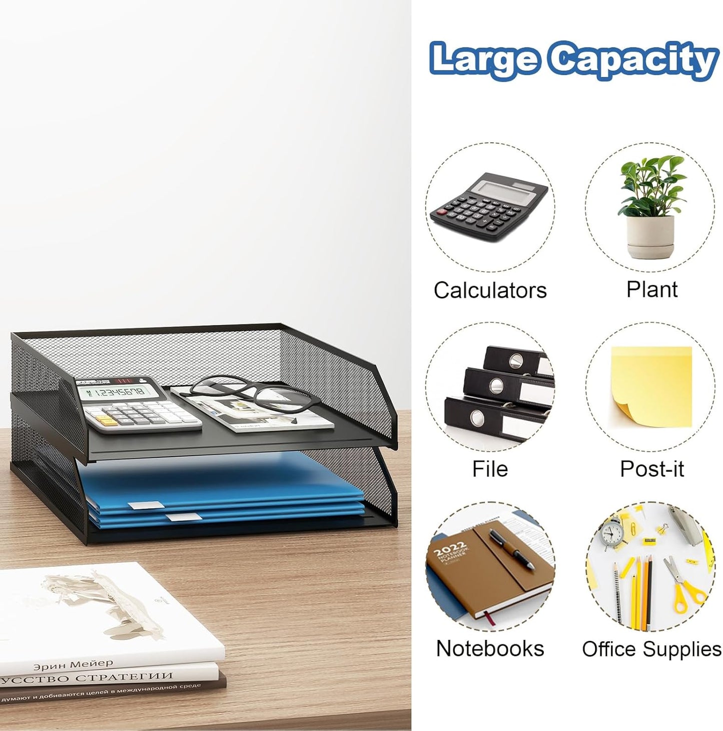 Natwind 2-Tier Stackable Paper Tray, Metal Mesh Desktop Organizer, A4 Paper Sorter, Letter Trays,File Folder Sorter Organizer with Sliding Tray for Home, Office, School (Black)