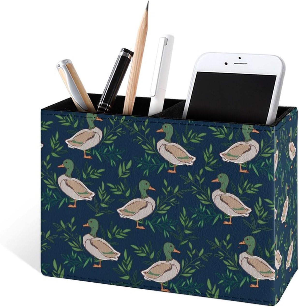 Famame Cute Farm Animal Mallard Duck Pencil Holder for Desk, Leather Desktop Container Pen Cup Storage Study Table Pen Organizer Makeup Brushes Holder for Office Home