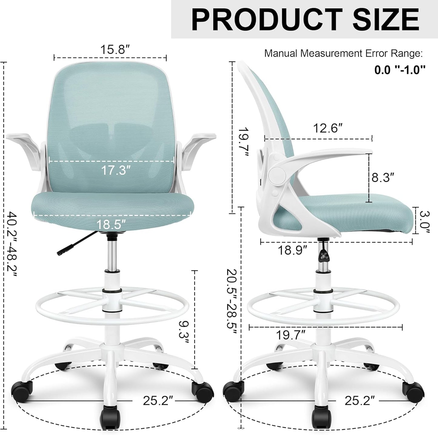 Primy Drafting Chair Tall Office Chair with Flip-up Armrests Executive Ergonomic Computer Standing Desk Chair with Lumbar Support and Adjustable Footrest Ring（Light Blue）