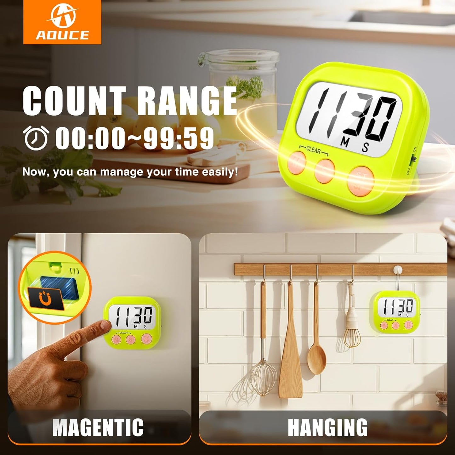 2 Pack Kitchen Timers Loud Ring Digital Timers for Cooking Magnetic Green