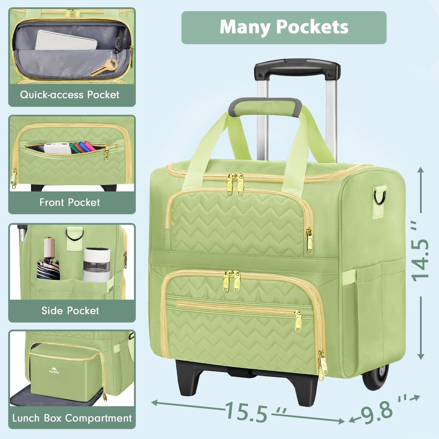 MATEIN Rolling Work Bag for Women, 15.6 Inch Rolling Teacher Bag with Detachable Cart, Roller Briefcase on Wheels with Insulated Lunchbox Gift for Nurse Teacher Commuter Professional, Green
