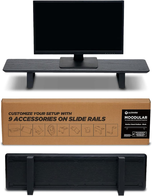 Moodular Wooden Monitor Stand 33.4” (85cm) Desk Organizer with Metal Slide Rails for Drawer, Tray, Laptop, Tablet, Phone & Headphones Customizable Riser for Organized Workspace Black MS85-B