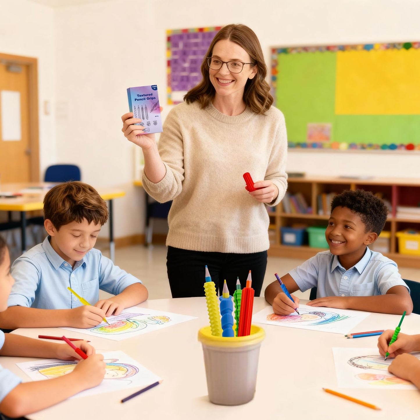 Sequiay 4 Pcs Length Pencil Grips Handwriting, Textured Silicone Pencil Grip - ADHD Tools, Fidgets for Classroom Toy, Helps Ease Autism, Anxiety, and Stress