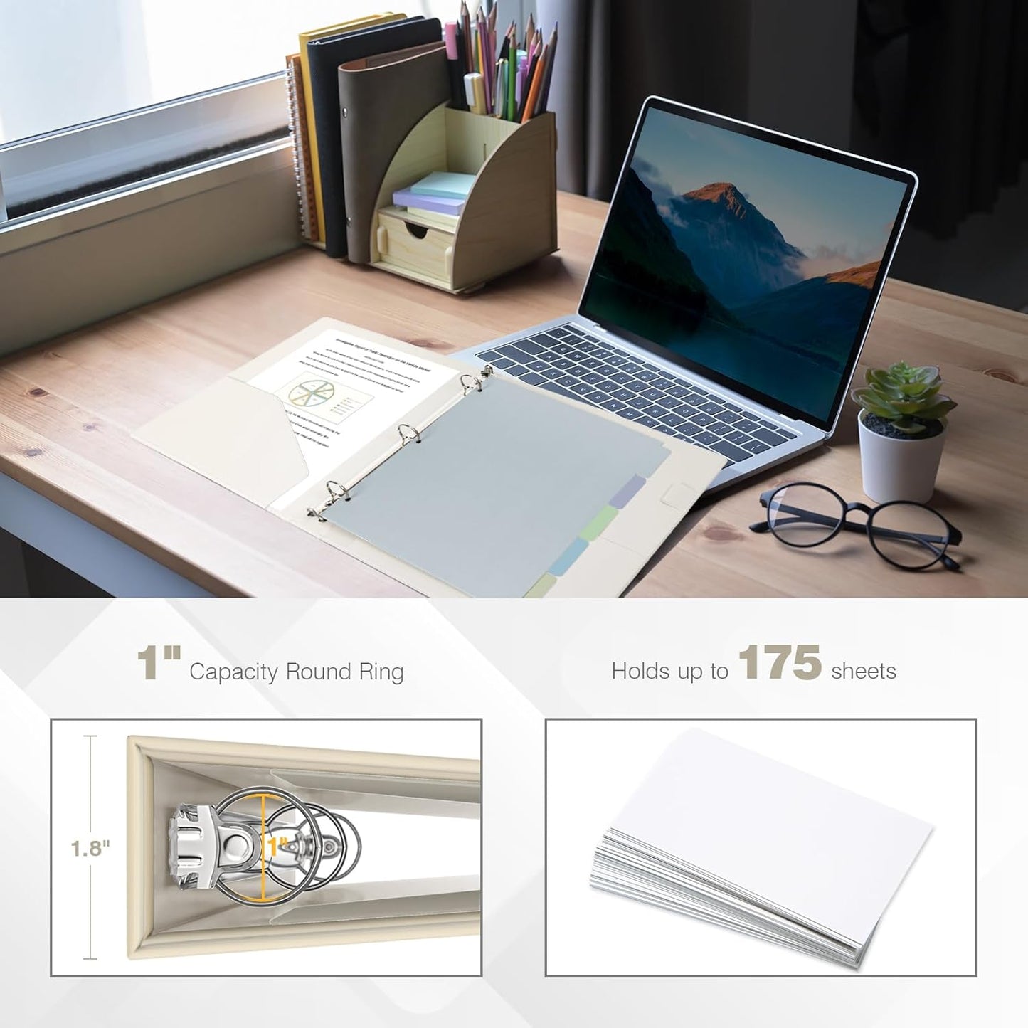 Ospelelf 3 Ring Binder 1 Inch Vintage Hardcover, Leather Organizer for Letter Size, Professional Clipboard With Dividers and Tabs, Beige