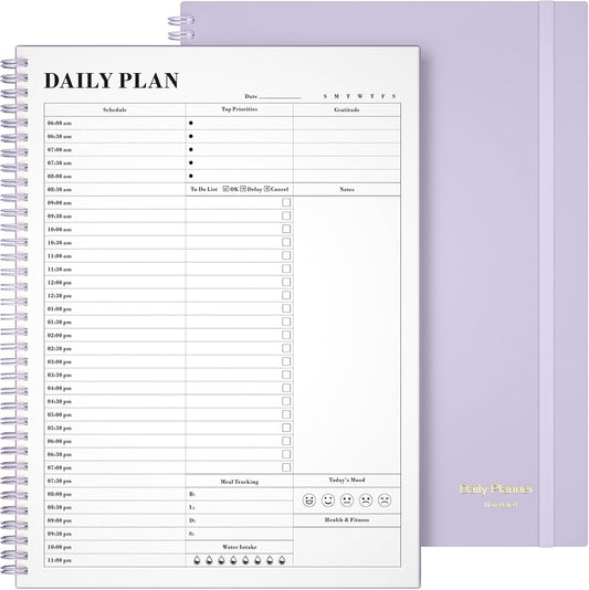 Planner Undated, Asten Daily Planner Agenda with To Do List, Hourly Planners for Women and Men, Spiral Appointment Book Planners Notebook with Elastic Closure, Day Planner for ADHD 8.5" x 11" (Purple)