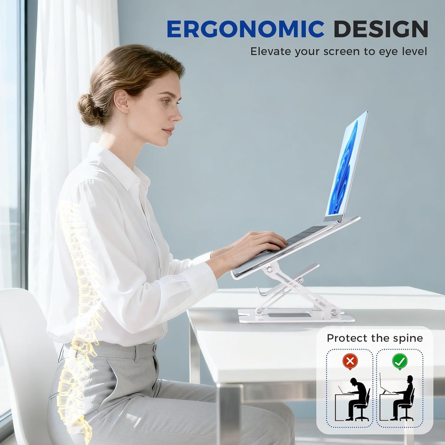 Ergonomic 2-in-1 Laptop Phone Stand for Desk, Adjustable Riser, Sturdy and Portable, Fits All Laptops and Phone (White)