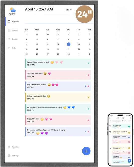 24 inch Digital Calendar Chore Chart – Interactive Touchscreen，Hearth Display Desk Digital Calendar Seamless Scheduling Black
