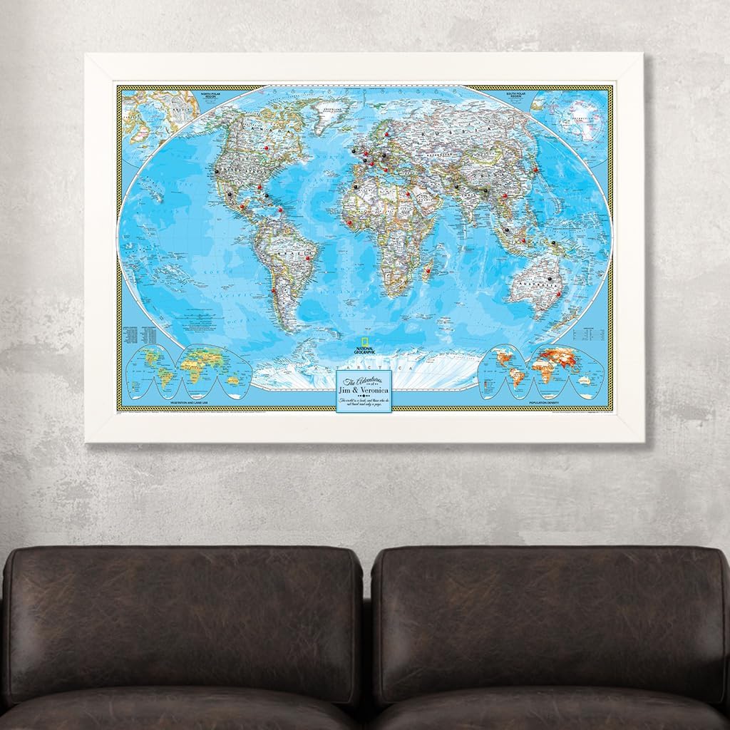 Canvas Classic World Map Pin Board – Framed Travel Map with Pins for Wall – Personalized Push Pin World Map for Tracking Journeys – 27.5" x 39.5" Textured White Frame