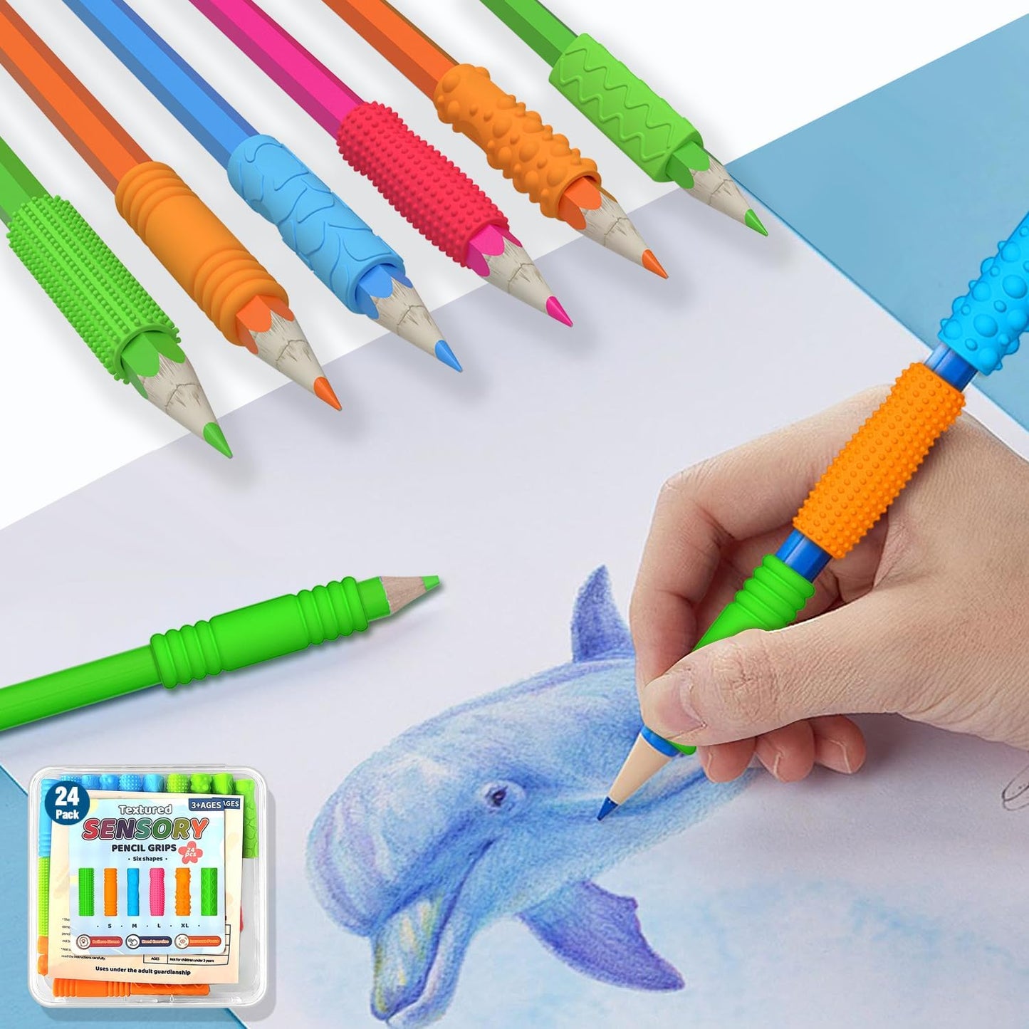 Textured Pencil Grips for Kids & Adults - 24 Pack Sensory Fidget Toys for ADHD, Autism - Quiet Classroom & Office Tools for Anxiety Relief Stress Relief - Educational Supplies, Student Rewards&Gifts