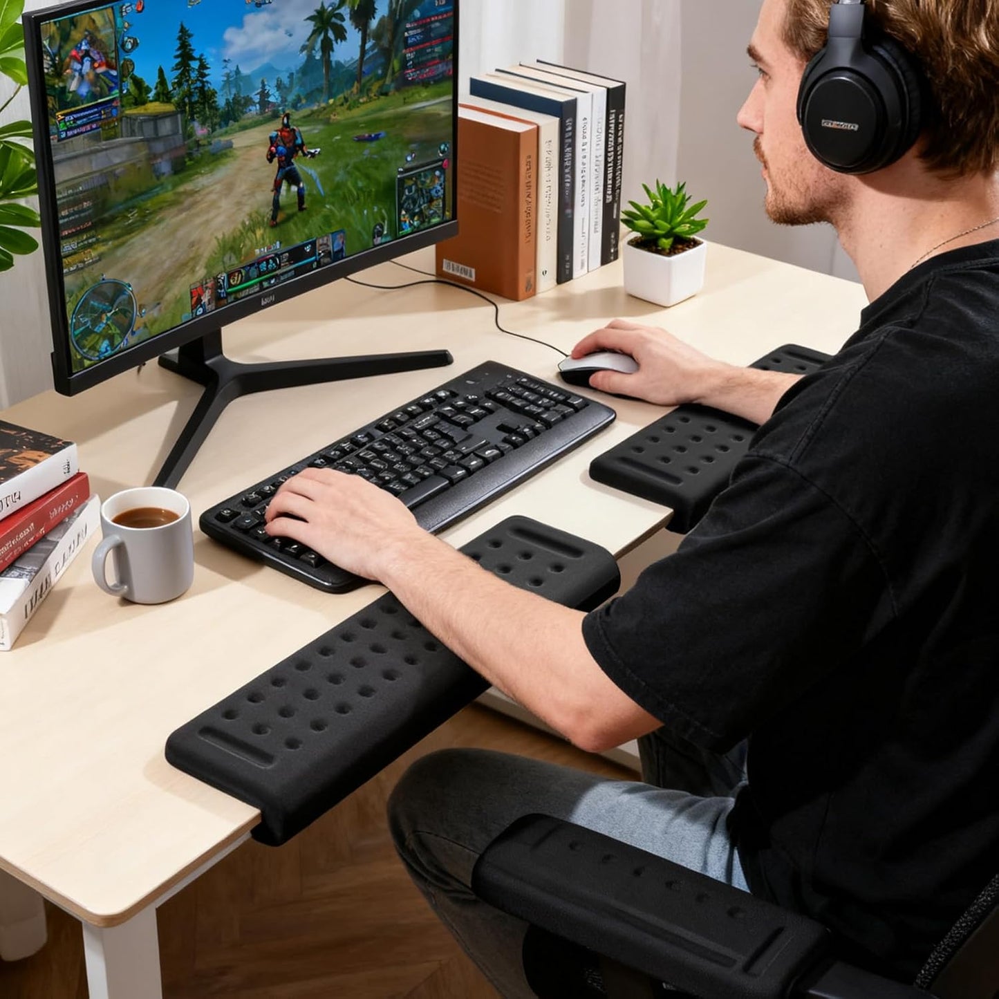 VAGAU L-Shaped Arm Rest for Desk, Memory Foam Elbow Support Padding Set with Non-Slip,2-Piece Ergonomic Desk Edge Cushion & Wrist Rest for Computer Keyboard, Office and Home Use (Black)