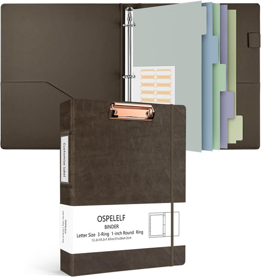 Ospelelf 1 Inch 3 Ring Binder Vintage Hardcover, Leather Clipboard Organizer for Letter Size, Professional Binder with Dividers and Tabs, Brown