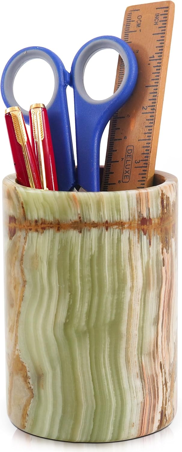 Radicaln Marble Pen Holder For Desk 4" Inches Green Onyx Handmade Stationary Holder For Office Supplies, Ideal Pencil Holders & Desk Organizer, Use for Makeup Accessories