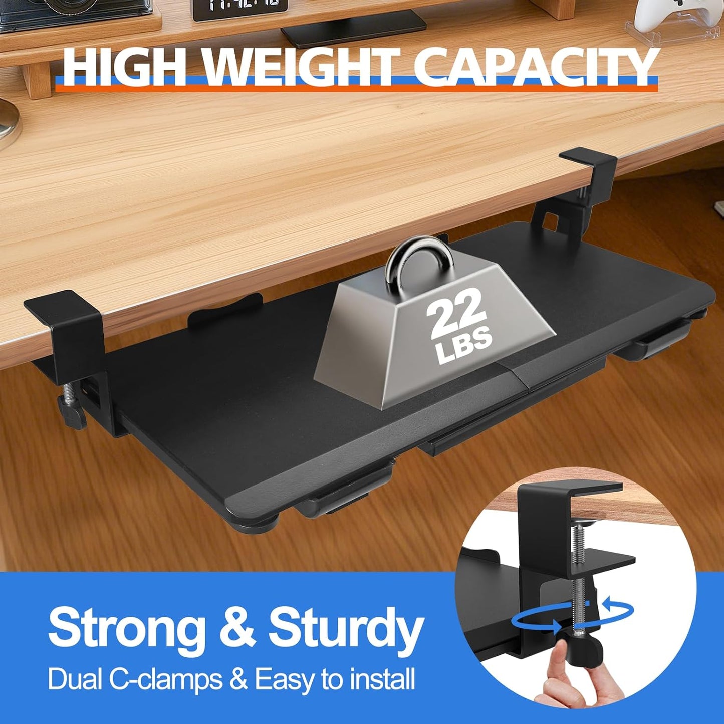 Large Keyboard Tray Under Desk Slide Out with Sturdy C-Clamp Mount and Storage Drawer, 27" (31" Including Clamps) x 12" Ergonomic Keyboard Trays for Home and Office, Black