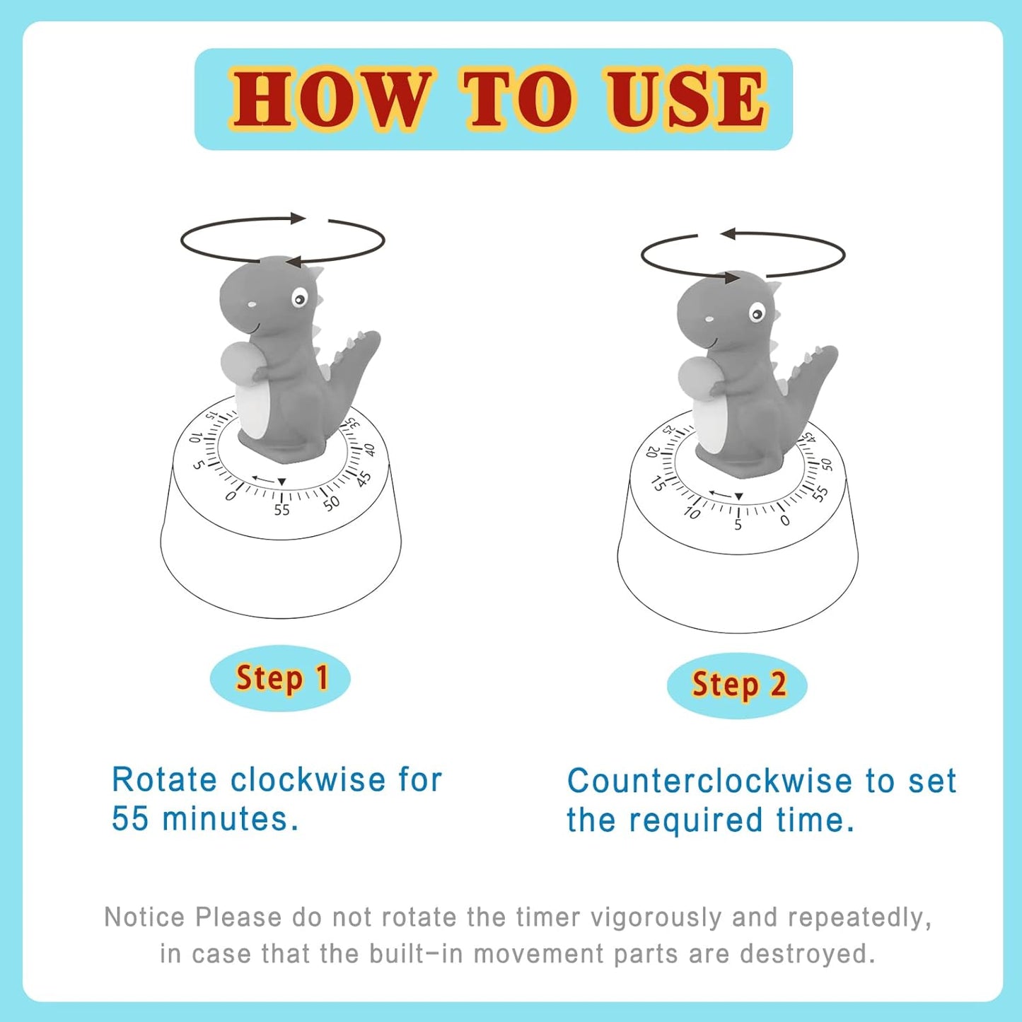 2 Pack Kitchen Timer, Cute Dinosaur Timer for Kids, 100% Mechanical Egg Timer for Cooking/Reading/Classroom/Do Sports.（Dinosaurs）