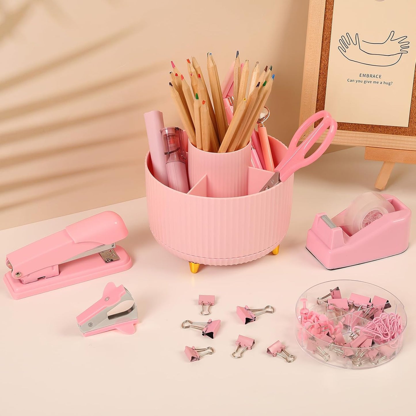 SKYDUE Pink Desk Accessories 10Pcs, Rotating Pen Holder for Desk, Stapler, Staple Remover, Tape Dispenser,2pcs Tape Refills, Binder Paper Clips Kit, Scissor,Pink Office School Supplies
