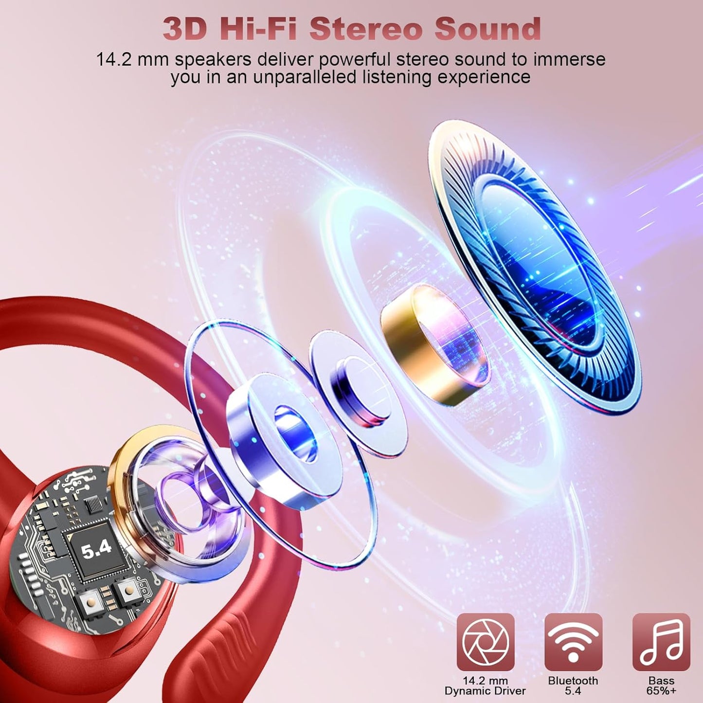 Wireless Earbuds Sport, New Bluetooth 5.4 Headphones with Earhooks, 50H Stereo Deep Bass Over Ear Buds with 4 ENC Noise Canceling Mics, IP7 Waterproof Earphones for Running Workout Gym -Red