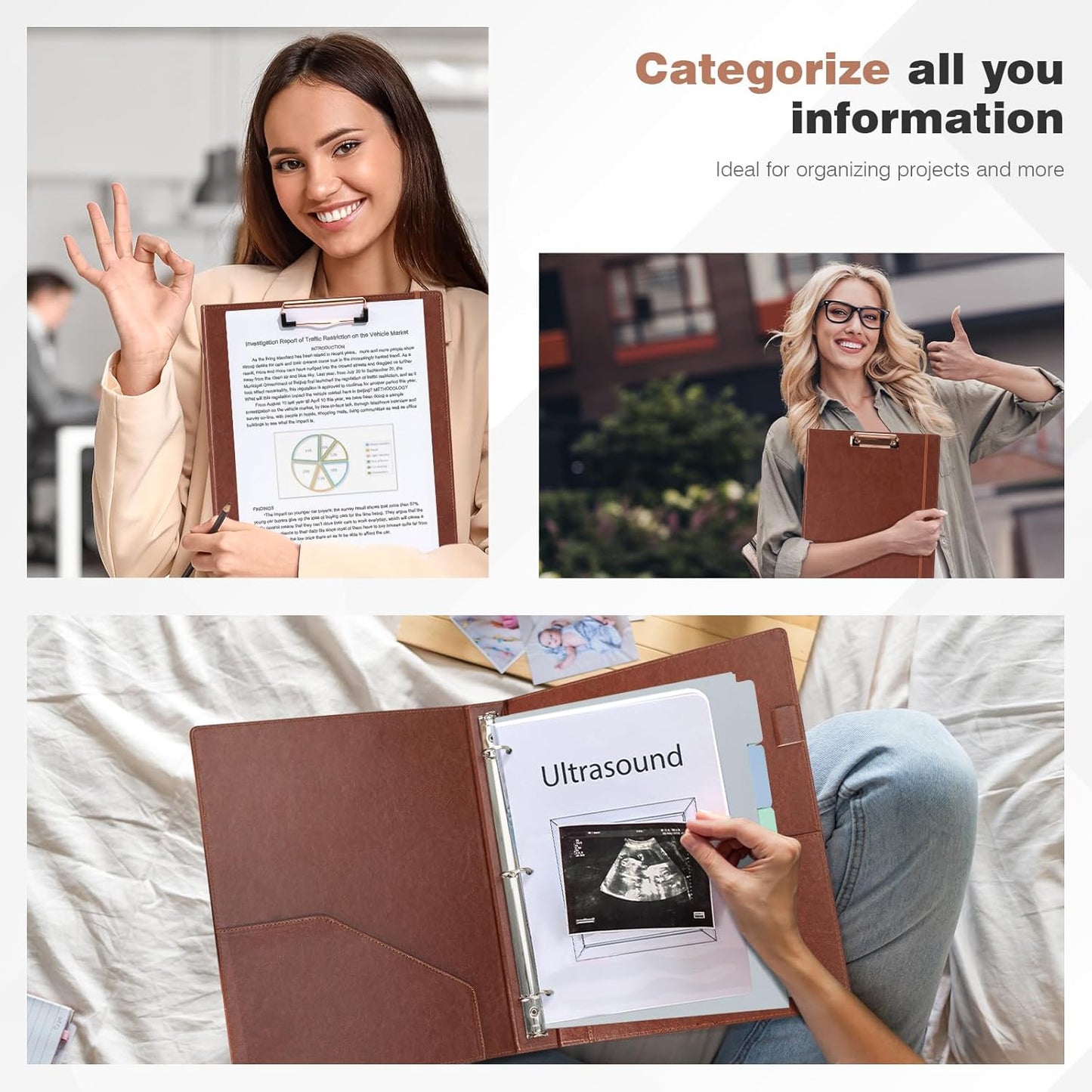 Ospelelf 3 Ring Binder with Clipboard, 1 Inch Leather, Brown, Letter Size (8.5" x 11"), 5 Tab Dividers