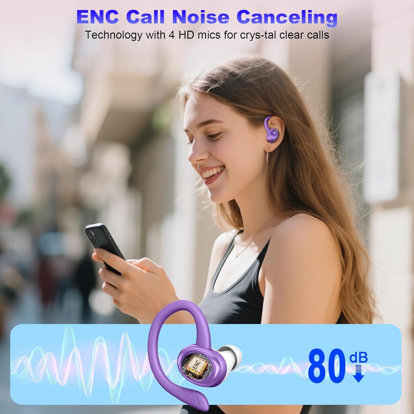 Wireless Earbuds Sport, New Bluetooth 5.4 Headphones with Earhooks, 50H Stereo Deep Bass Over Ear Buds with 4 ENC Noise Canceling Mics, IP7 Waterproof Earphones for Running Workout Gym -Purple