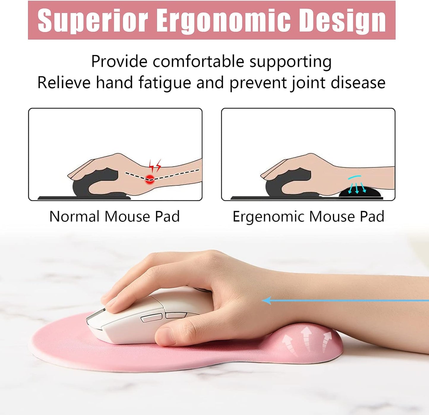 Hsurbtra Ergonomic Mouse Pad with Wrist Rest Support, Gel Mouse Pads with Non-Slip PU Base, Pain Relief Memory Foam Computer Mat, Cute Office Supplies Desk Decro Accessories, Rose Gold