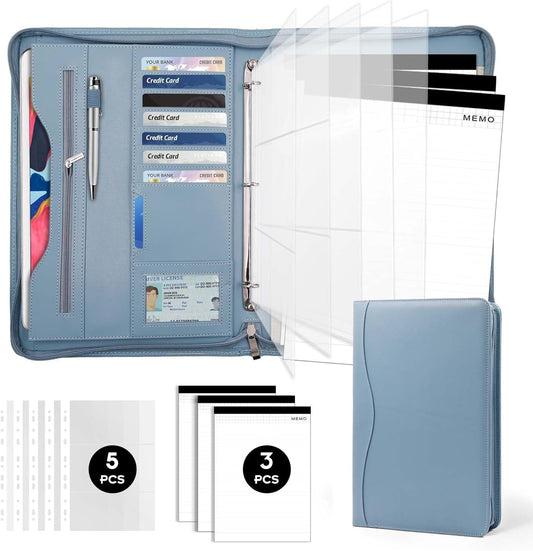 Padfolio Portfolio Folder Binder-Organizer Planner Notebook Zippered Portfolio Padfolio for Women & Men with Document Sleeve,Letter/A4 Size Clipboard,Business Card Holders (Grey Green)