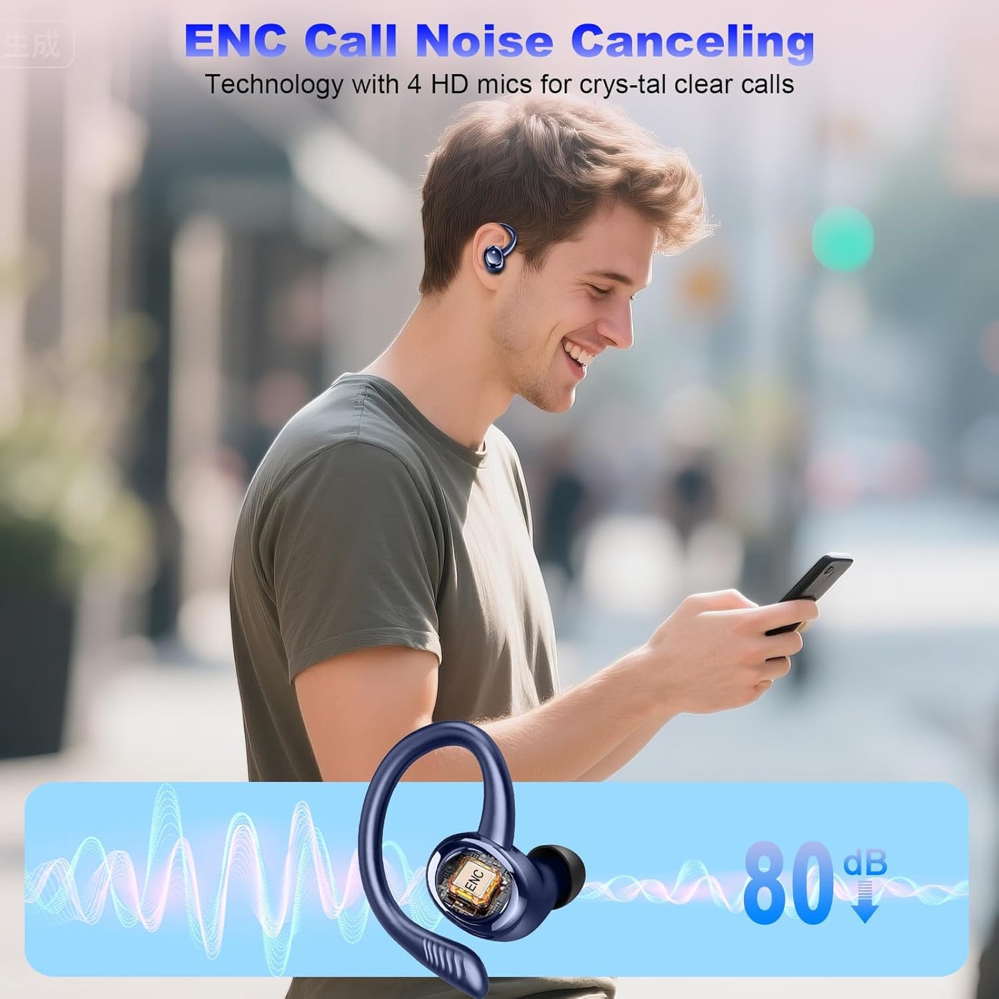 Wireless Earbuds Sport, New Bluetooth 5.4 Headphones with Earhooks, 50H Stereo Deep Bass Over Ear Buds with 4 ENC Noise Canceling Mics, IP7 Waterproof Earphones for Running Workout Gym -Blue