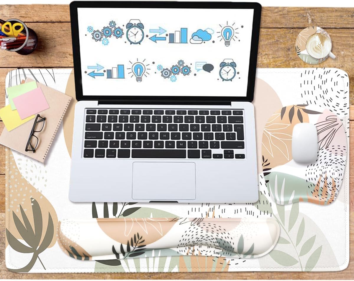 Keyboard Wrist Rest Large Mouse Pad Wrist Support for Computer, 4 in 1 Memory Foam Keyboard Pad Desk Mat Ergonomic Hand Rest Wrist Cushion for Home Office Gaming - Minimalist Plant