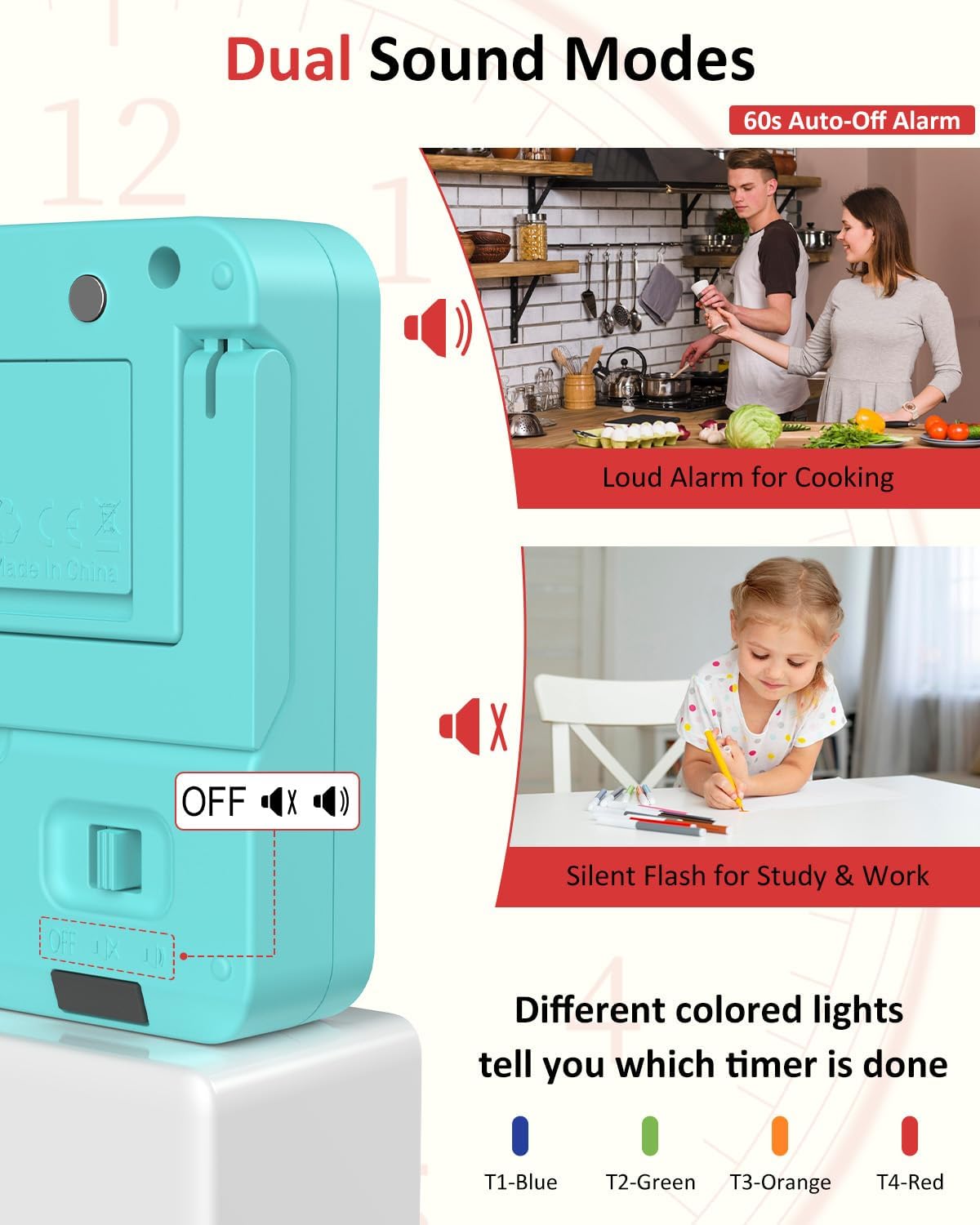 Digital Kitchen Timer for Cooking - 4 Channel Count Up Countdown Timer with Loud Alarm and Silent Mode, Large Display, Magnetic Back, Auto Memory for Classroom Study Gym, Battery Included (Mint Green)