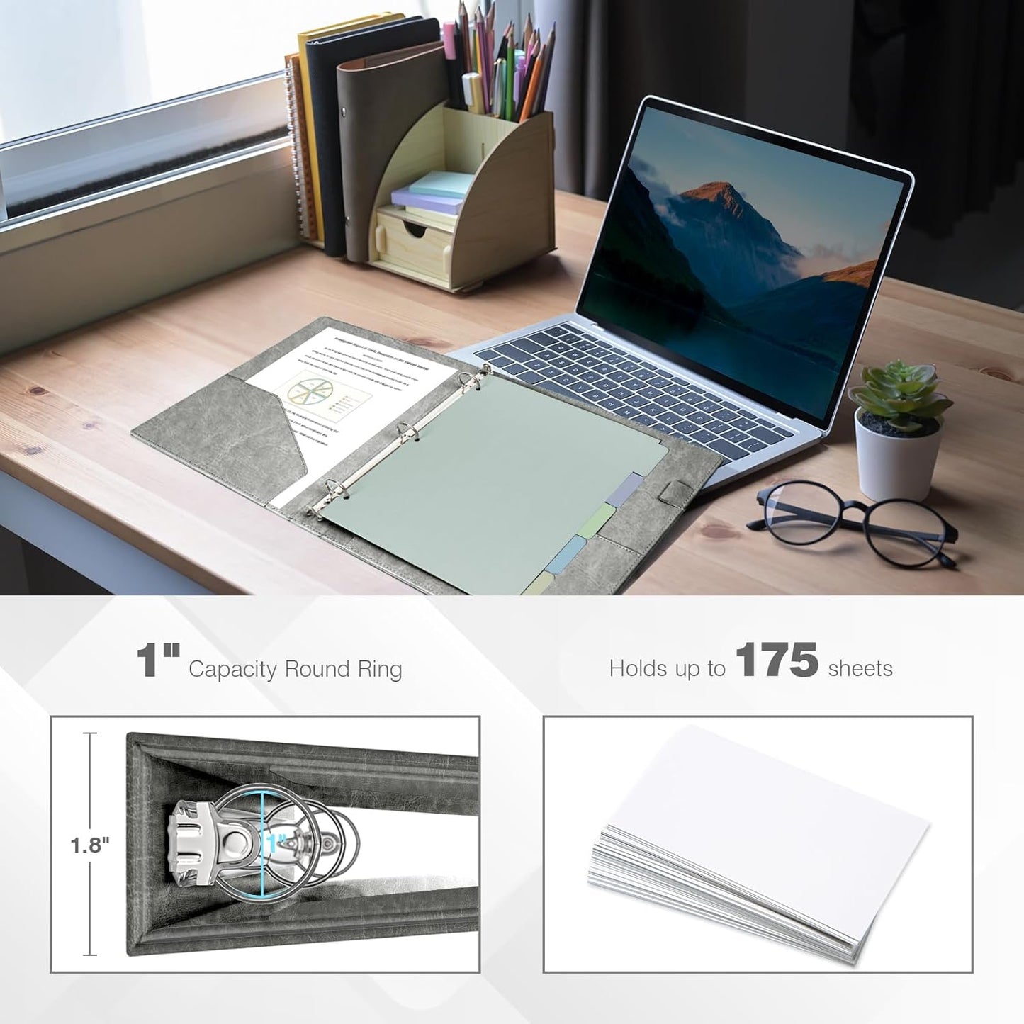 Ospelelf 3 Ring Binder With Clipboard 1 Inch Leather for Letter Size (8.5" x 11"), 5 Tab Dividers Office Supply, Grey