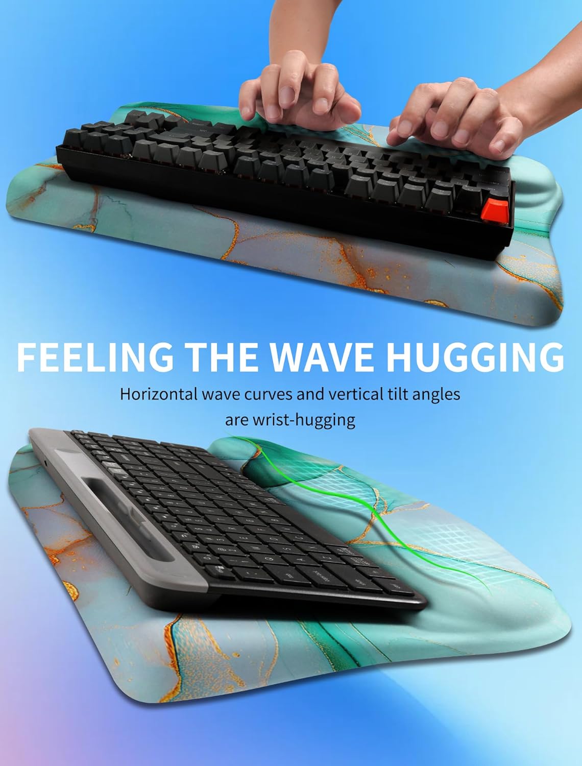 Ergonomic Wave Wrist Rest with Keyboard Stand, Cushioned Palm Rest, Comfortable Integrated Memory Foam for Natural Typing and Relieve Wrist Pain, Green Gold Marble