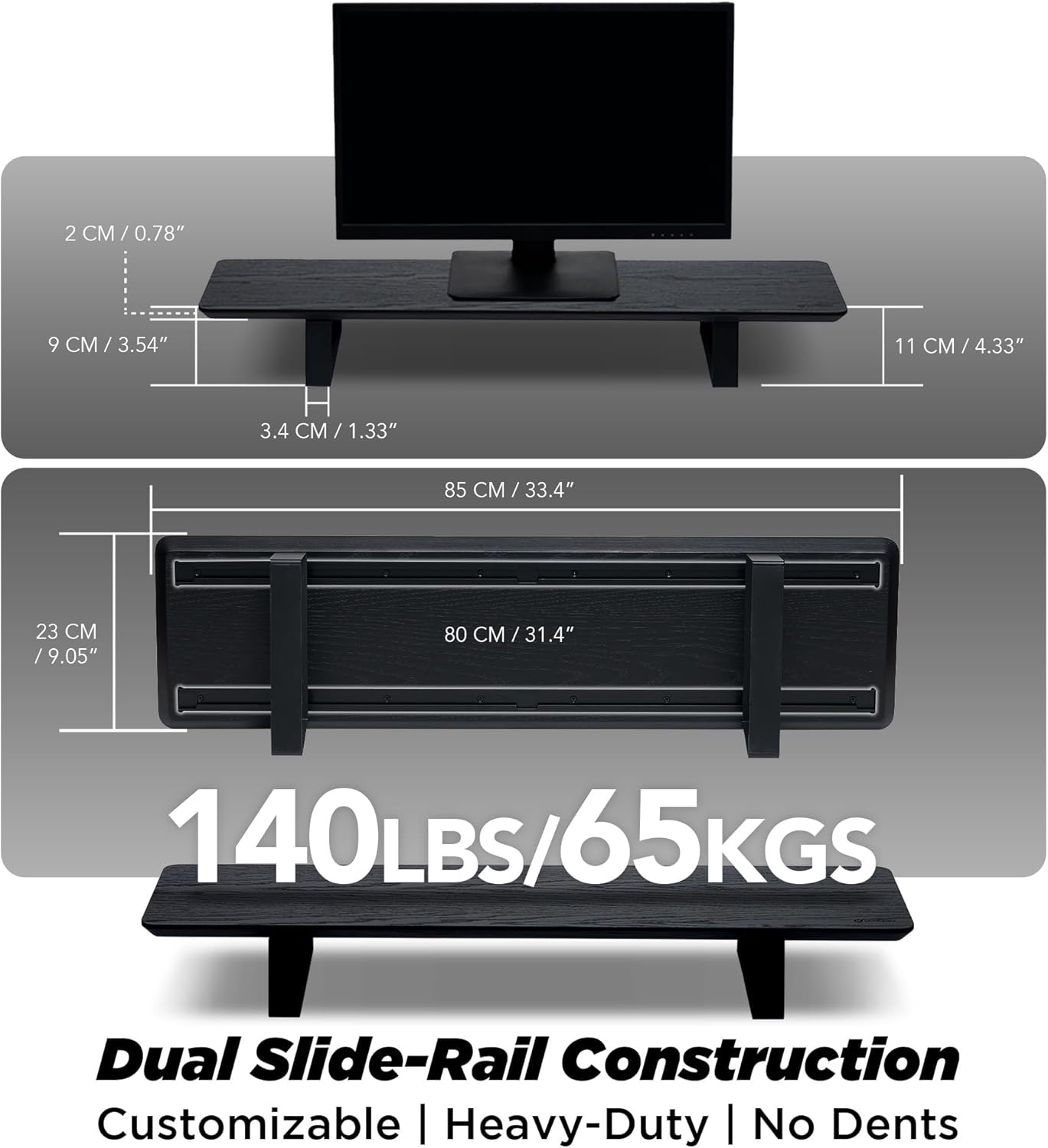 Moodular Wooden Monitor Stand 33.4” (85cm) Desk Organizer with Metal Slide Rails for Drawer, Tray, Laptop, Tablet, Phone & Headphones Customizable Riser for Organized Workspace Black MS85-B