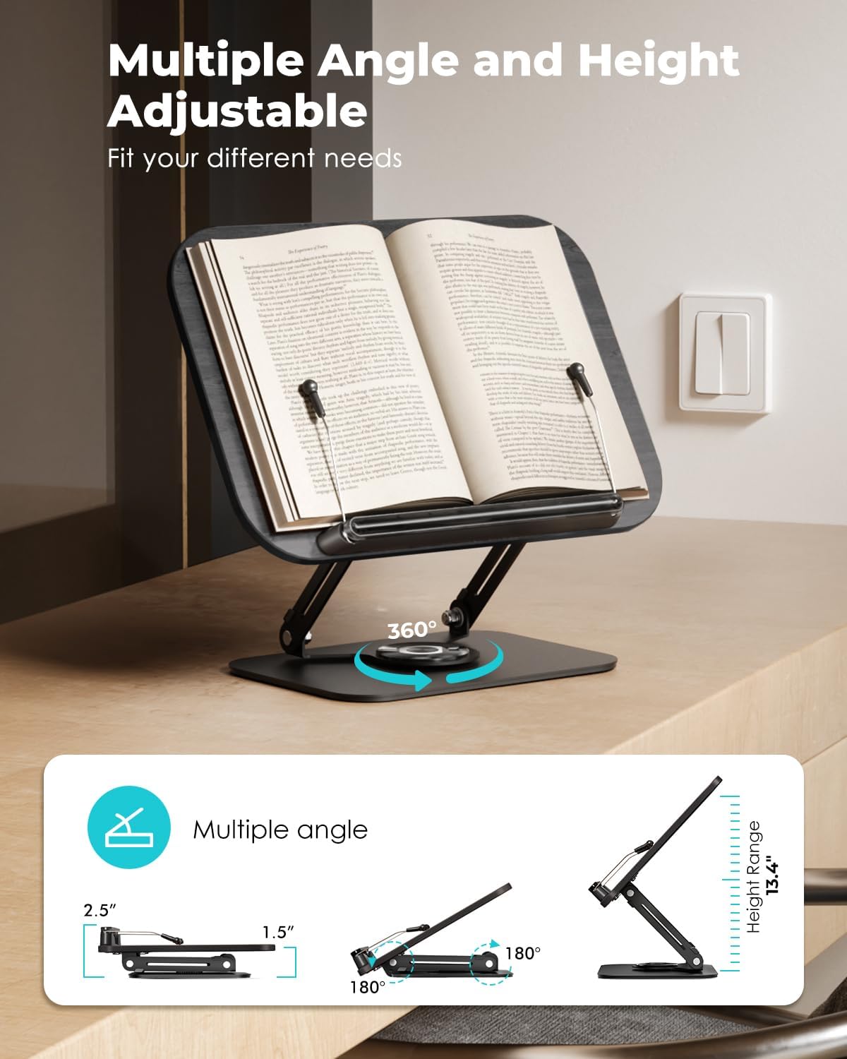 Viozon Book Stand for Reading,Book Holder, Height&Angle Adjustable, 360° Rotating Base, Foldable and Portable, Lightweight for Office, Kitchen, School Textbook, Recipe, Magazine,Kindle,Table B