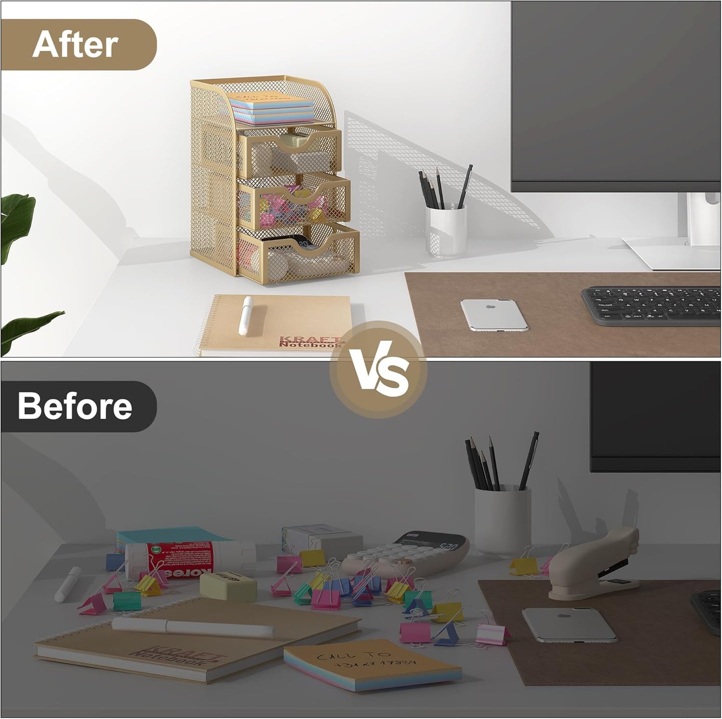 EasyPAG Mesh Desk Organizer with 3 Drawer Office Desktop Organizers and Accessories Stationery Caddy for Office, Home, Students, Gold