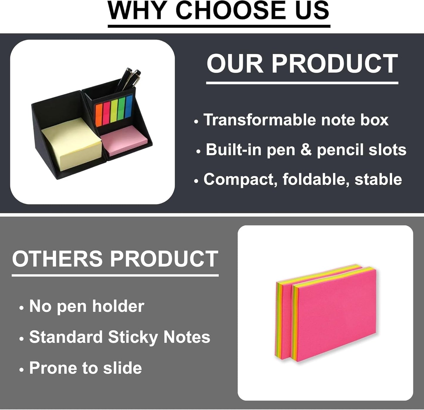 Sticky Notes Organizer Cube with Pen Holder, 3-in-1 Memo Pad Set with 300 Yellow Notes, 50 Pink Pads & 125 Translucent Tabs, Portable Desk Organizer for Home, School, and Office Desk (Brown)