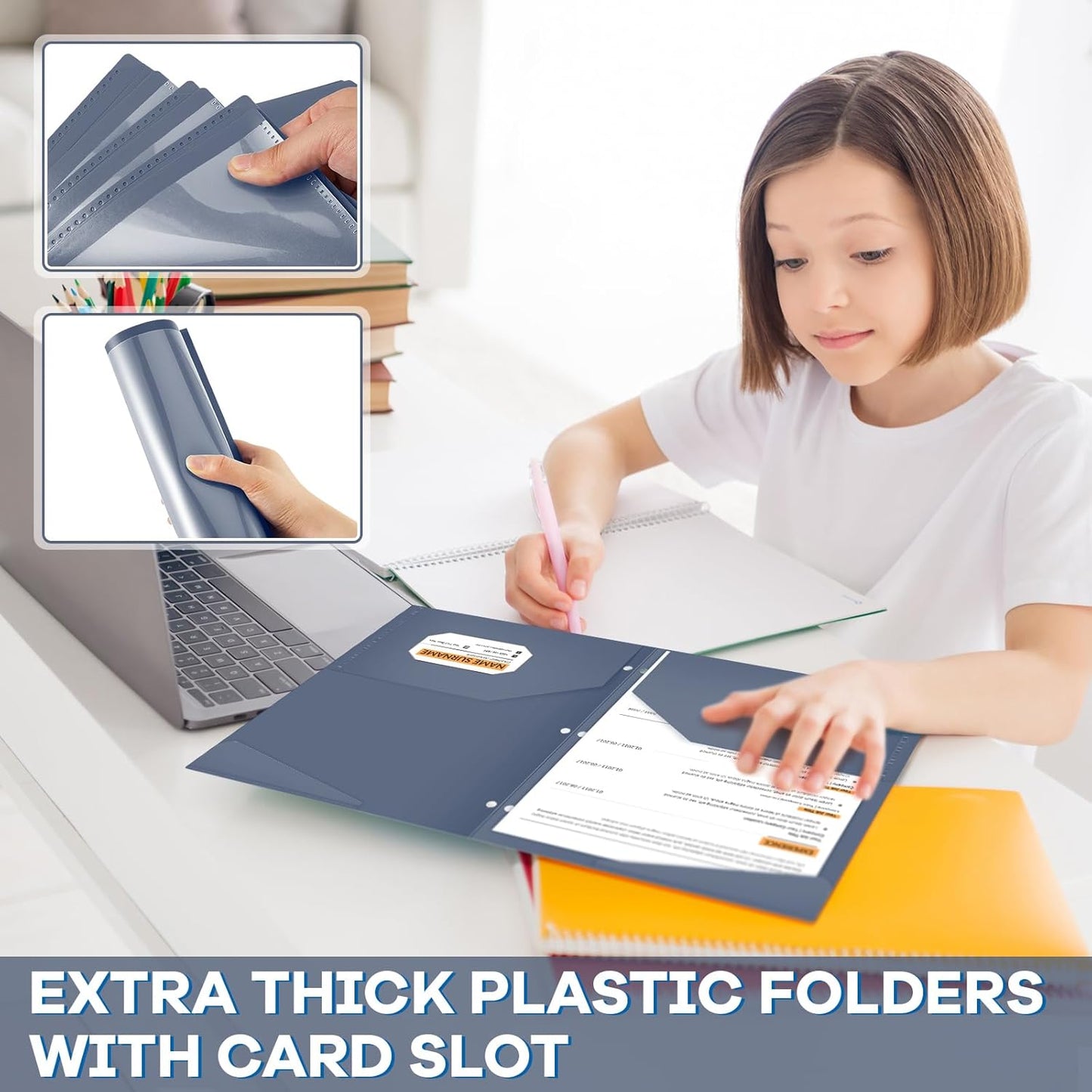 Henoyso 36 Pcs 2 Pocket Plastic Folders with Clear Front Pocket 3 Hole Punched File Folder Letter Size Take Home Documents Holder for Paper Holder Office Business Back to School Supply (Navy Blue)