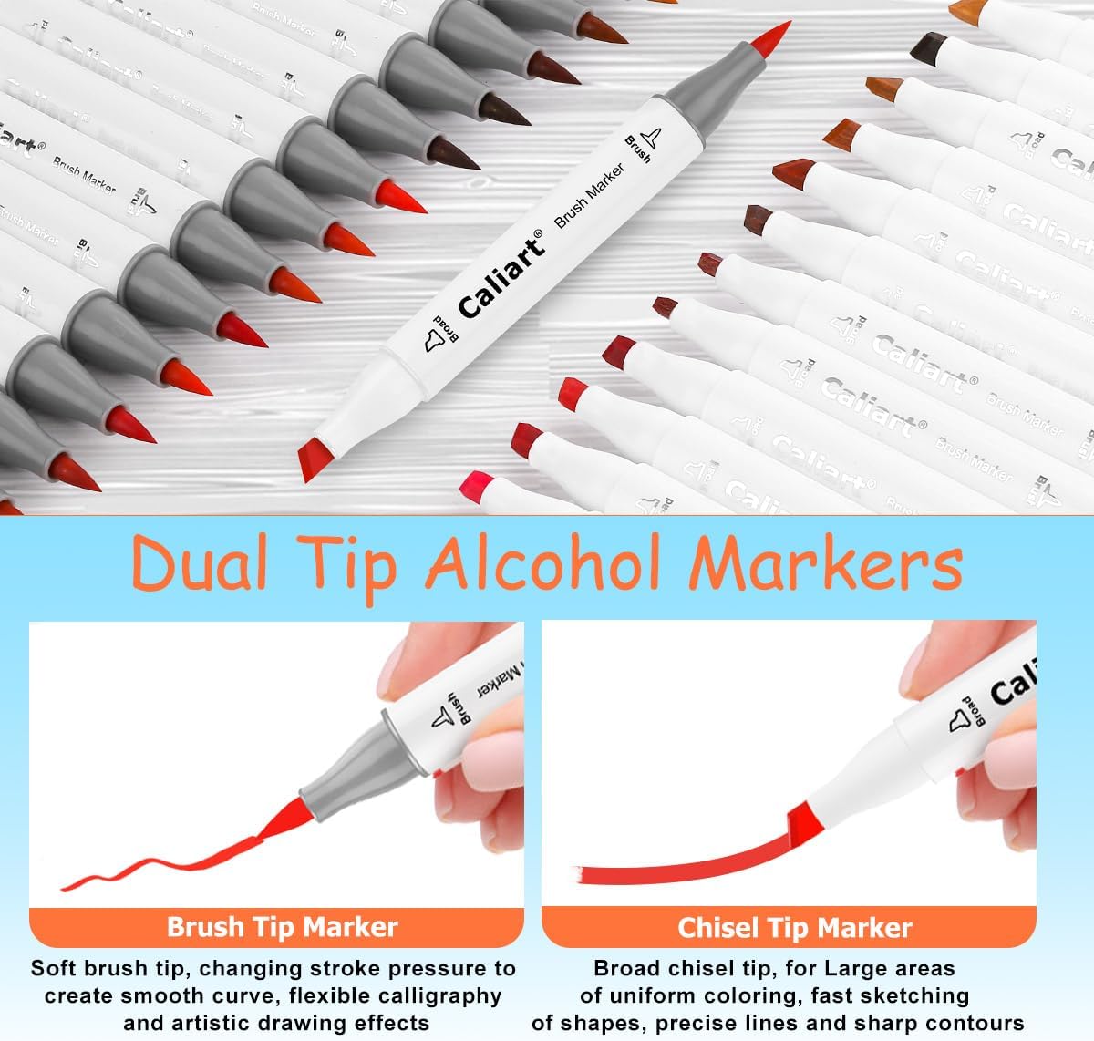 Caliart 121 Colors Alcohol Markers Brush Tip, Dual Tip Artists Coloring Markers Set Brush & Chisel, Permanent Alcohol Based Colored Sketch Pens, Art Supplies Gifts for Adults Illustration Drawing