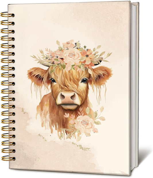 Floral Cow Watercolor Notebook, Cows Lover Gifts Notebooks for Note Taking, Cows Gifts for Women Journal, Cute Western Flower Fluffy Cow Journals for Writing, 5.5x8.3 Inch
