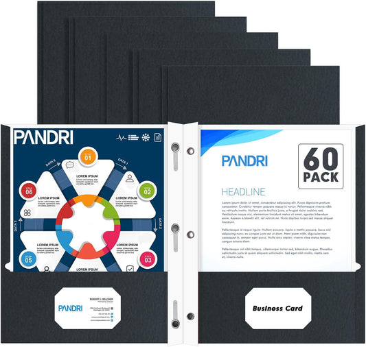 Two Pocket Folders, PANDRI 60 Pack Two Pocket Folders with Prongs, 3 Prong Folders Designed for Office and Classroom, Letter Size Black