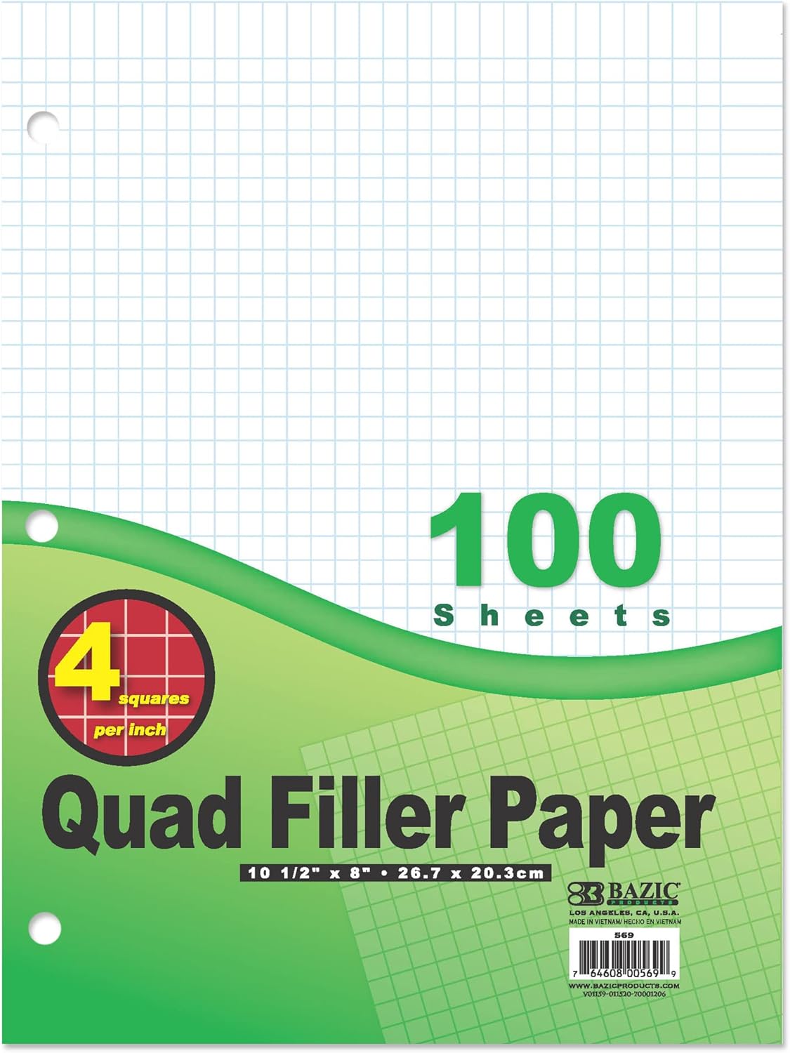 BAZIC Products Filler Paper Loose Leaf Papers 100 Sheet, 4-1" Quad Ruled, 3 Hole Punched for Ring Binders, Graph Drafting for Office School Student, 36-Pack