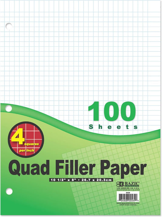 BAZIC 100 Ct. 4-1" Quad-Ruled Filler Paper
