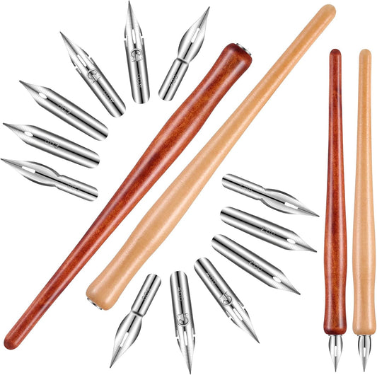 Chinco 14 Pcs Dip Pen Nibs Holders with Comic Calligraphy Wooden Drawing Pen Holder with Stainless Steel Nib for Writing Painting Signing Present