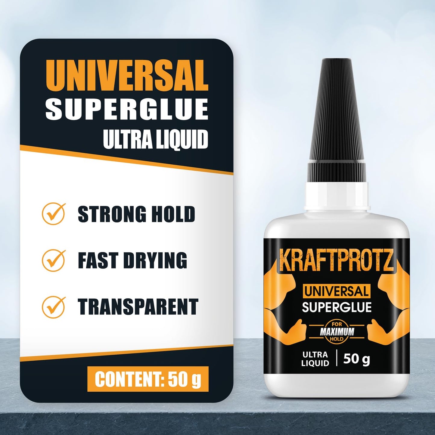 Superglue Extra Thin – 50 g / 1.75 oz – Fast-Drying CA Super Glue for Fine Cracks, Wood, Metal & Ceramic – Capillary Flow Tip for Detailed Repairs – KRAFTPROTZ