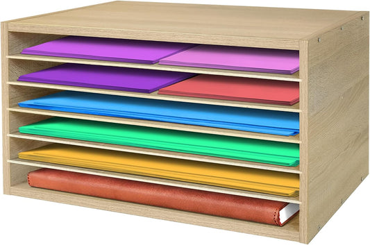 PROLEE Construction Paper Organizer 20" x 13.5" x12.2",Soild Wooden Paper Organizer with 6-Tier Letter Trays, Desktop File Papers Sorter for Home, Classroom and Office (White Oak)