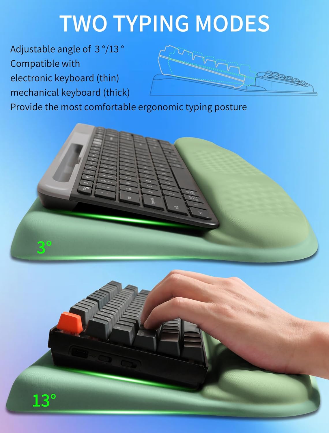 Ergonomic Wave Wrist Rest with Keyboard Stand, Cushioned Palm Rest, Comfortable Integrated Memory Foam for Natural Typing and Relieve Wrist Pain, Minty Olives Green
