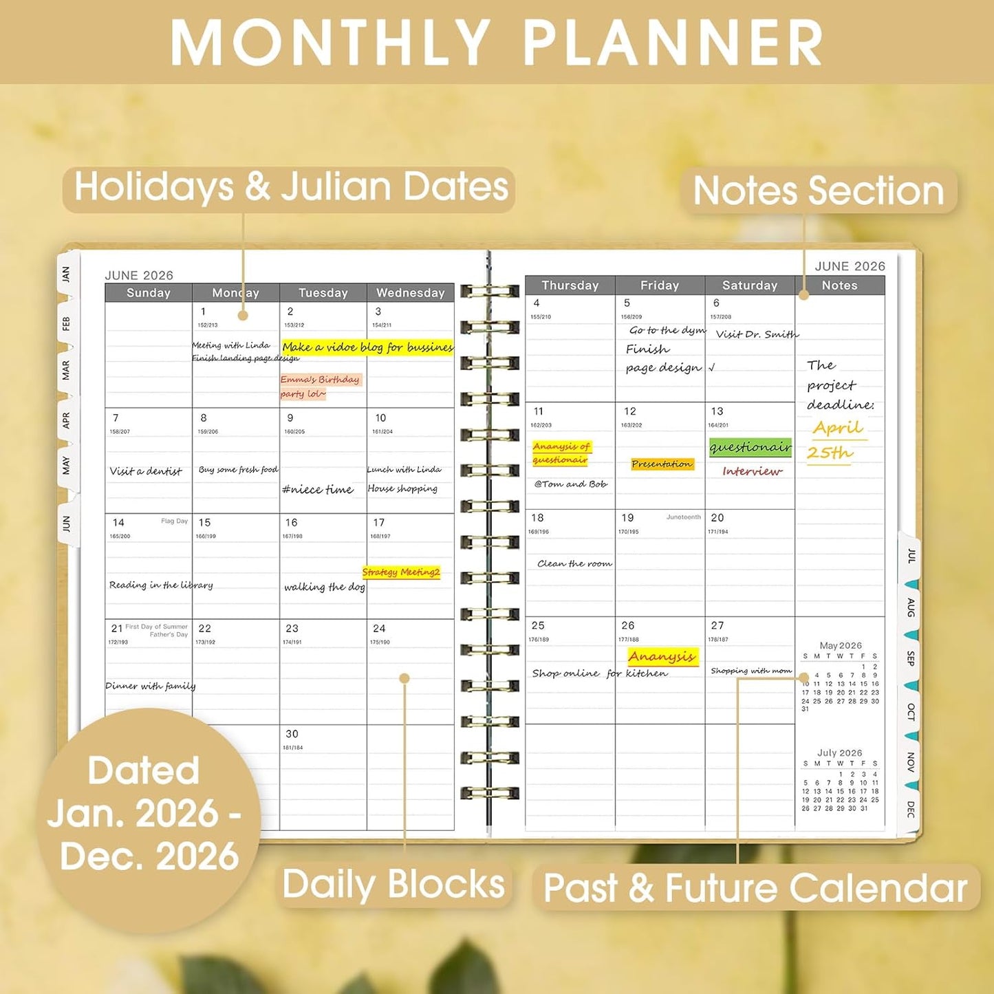Ymumuda Academic Planner 2026, Daily Weekly and Monthly Calendar Planner (Jan.2026-Dec.2026),8.4"×6.3", Hardcover Notebook Teacher Supplies, Premium Thick Paper, Planners for School Work Office