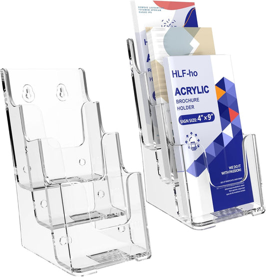 Brochure Holder 4x9 Inch 3 Tier Acrylic Literature Holders Clear Plastic Flyer Display Stand Countertop Use or Wall Mount Pamphlet Holder Organizer for Office, Lobby, Hotel, Trade Show, 2 Pack