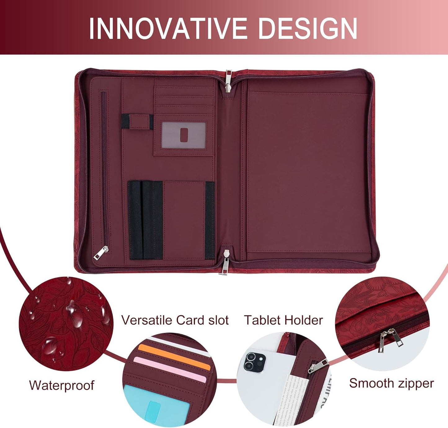 Elegant Multi-Function Leather Portfolio Organizer with A4 Notepad, Tablet and Phone Holders – Perfect for Business Professionals, Students, and Entrepreneurs – Ideal for Meetings, Conferences