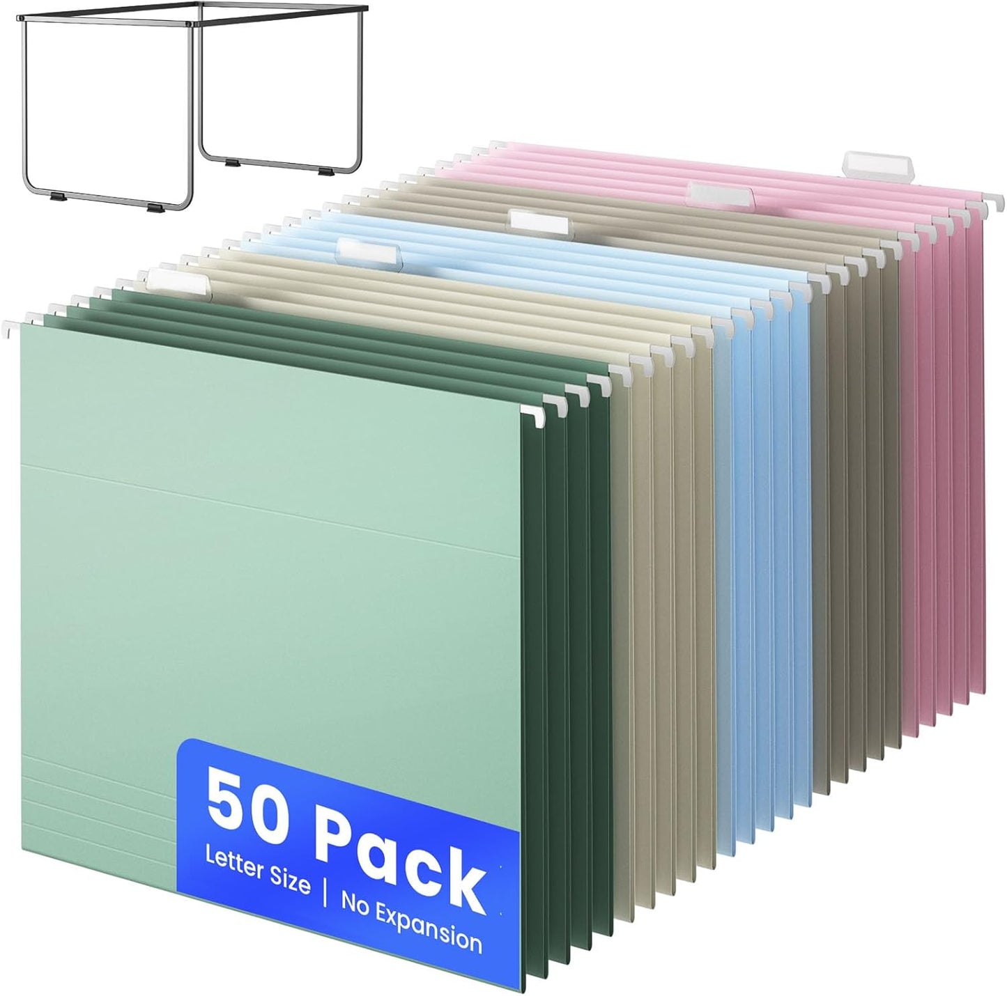 Hanging File Folders Letter Size, Metal File Frame with 50 Pcs Colored Hanging File Folders, No Extension 1/5-Cut Tabs File Organizer Includes Hanging Folders for Desk Office Filing Cabinet