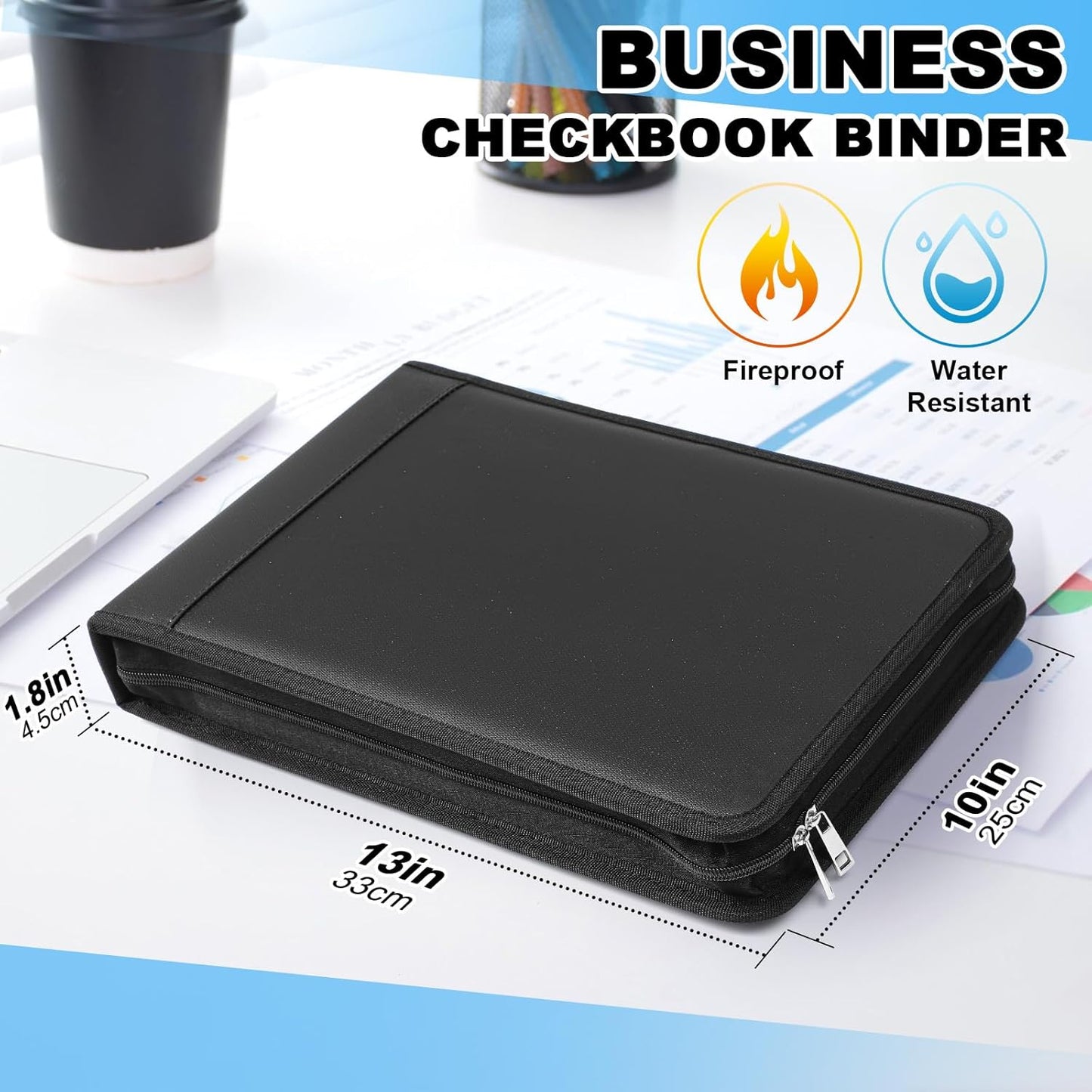 Henoyso 3 Rings Fireproof Business Check Binder with Zipper 1 Inch DRings 3 on a Page Fit 3 & 9 Holes Check 600 Sheets Capacity Organizer Binder for Office Storage End Stub Deskbook(Black)