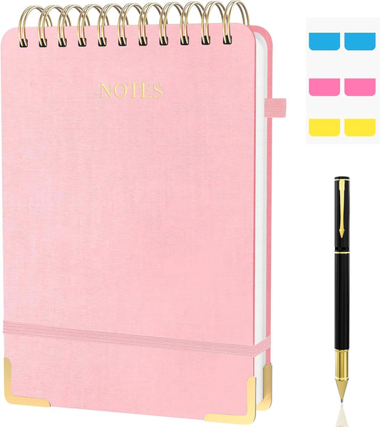 Aesthetic Top Spiral Notebook, A5 Linen Hardcover Top Bound Steno Pads, 240 Pages 100gsm Thick Lined Paper Left Handed Notebook Journal for Work, School, Church Writing - Pink, 5.9" x 8.5"