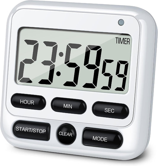KTKUDY Digital Kitchen Timer with Mute/Loud Alarm Switch ON/Off Switch, 12-Hour Clock & Alarm, Memory Function Count Up & Count Down for Kids Teachers Cooking, Large LCD Display, Strong Magnet (White)